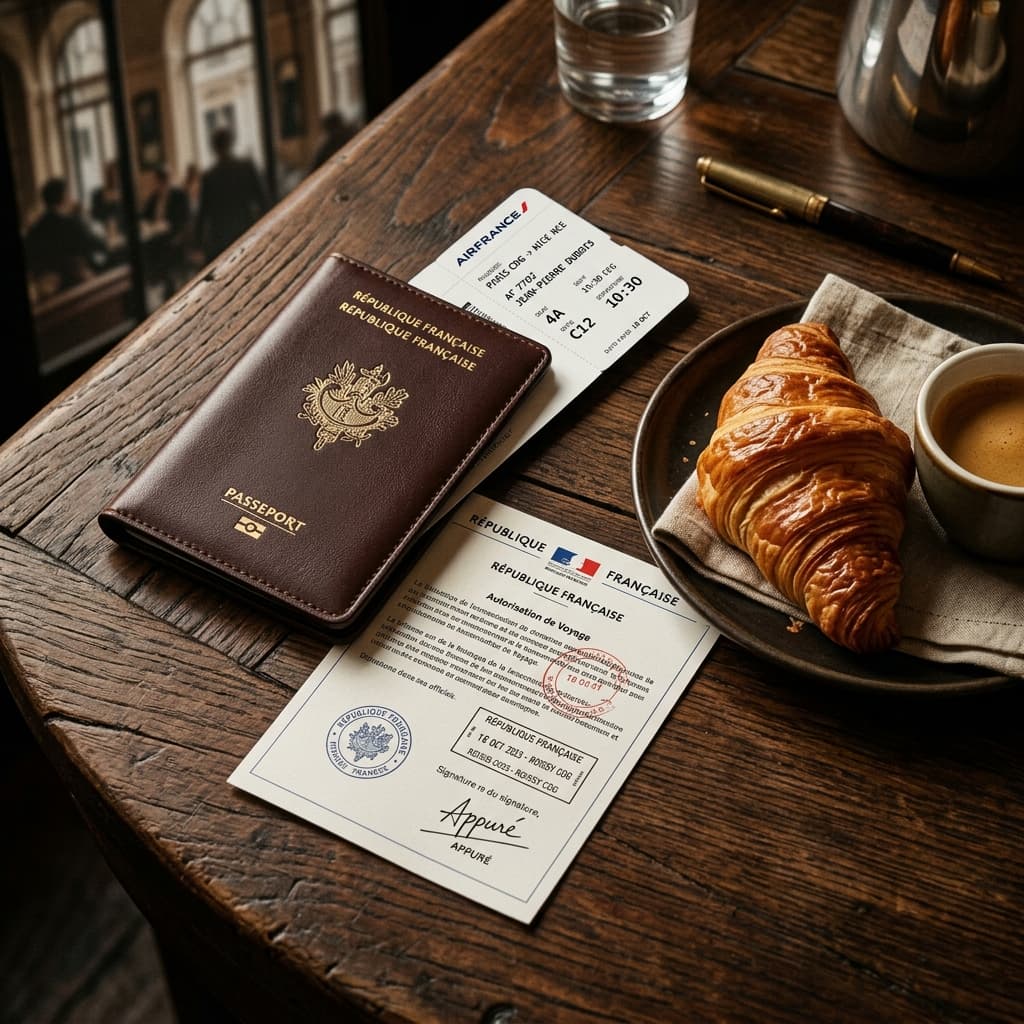 A sleek leather passport holder and boarding pass on a dark wood table.