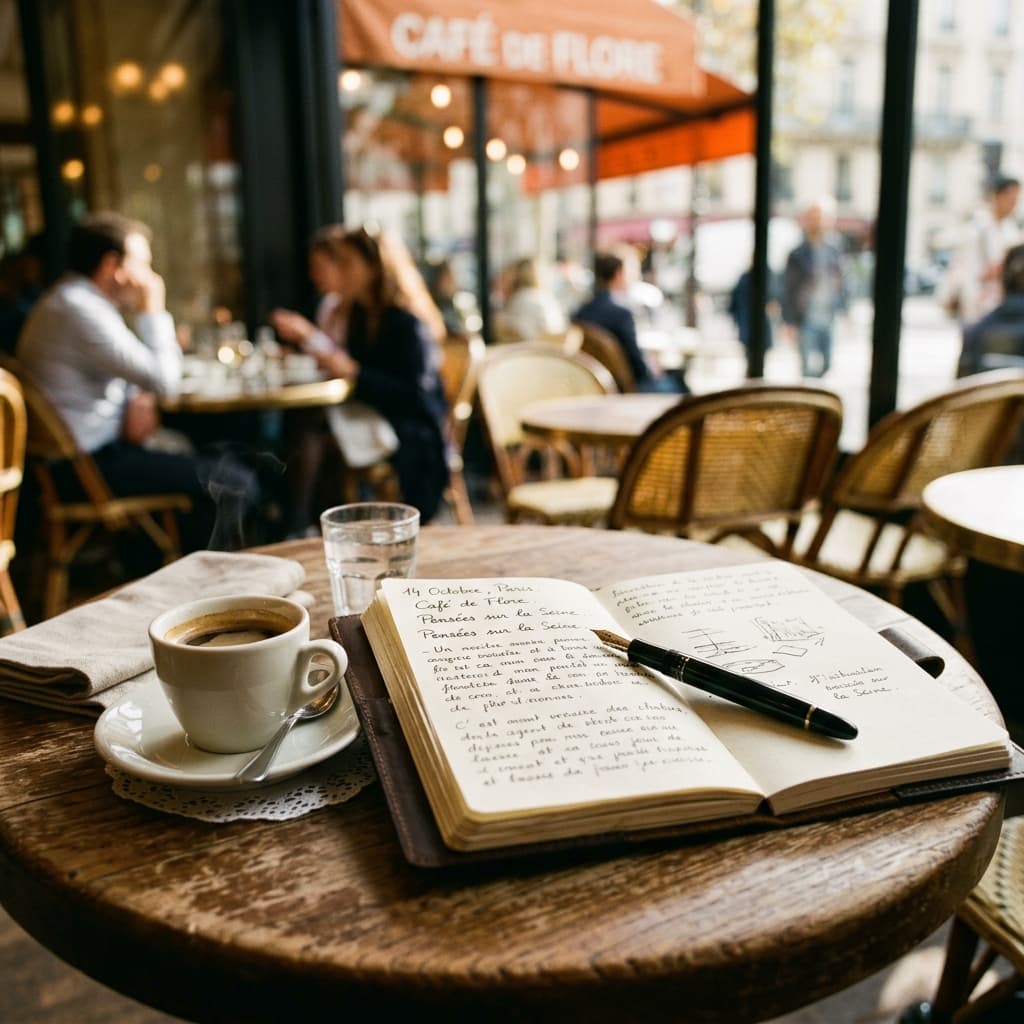 A close-up of a stylish Parisian cafe table with a notebook and fountain pen.