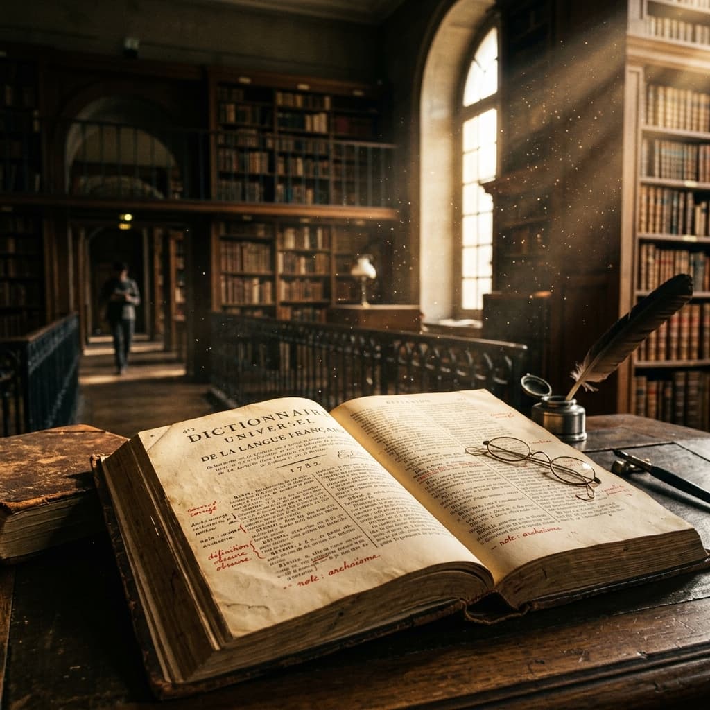 A focused view of an open, ancient dictionary with red ink corrections in a historic French library.