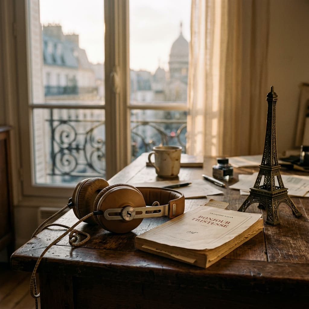 Vintage headphones on an antique wooden desk with a French novel.