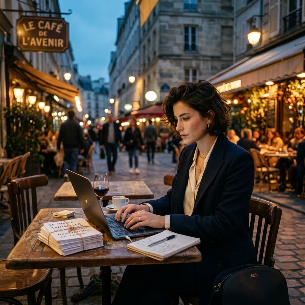 A busy professional working on a laptop at a French bistro terrace.