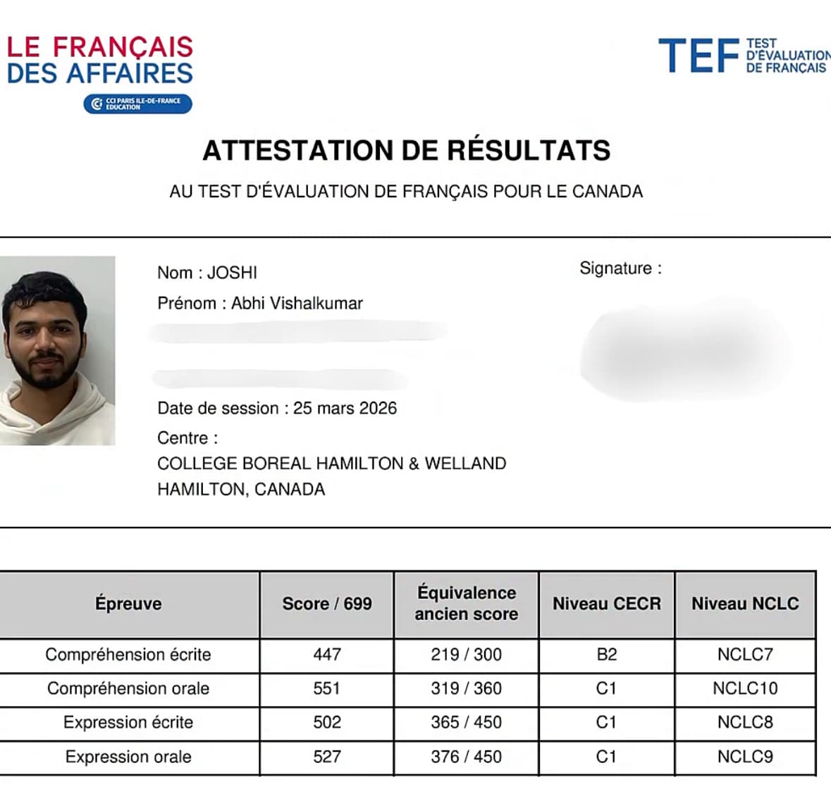 Student TEF/TCF Result Certificate