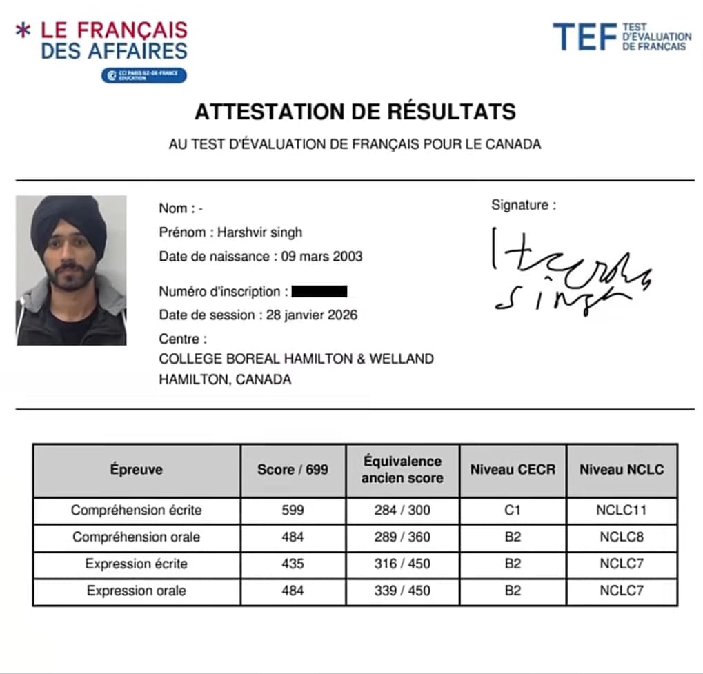 TEF Canada attestation — Verified Result