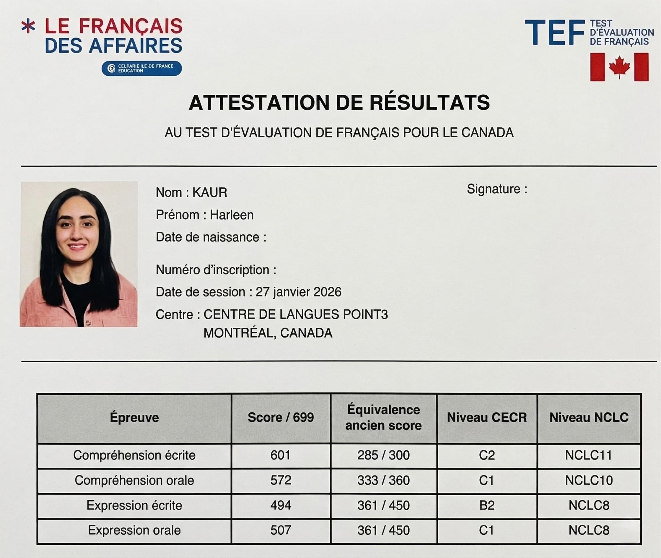 TEF Canada attestation — Harleen Kaur