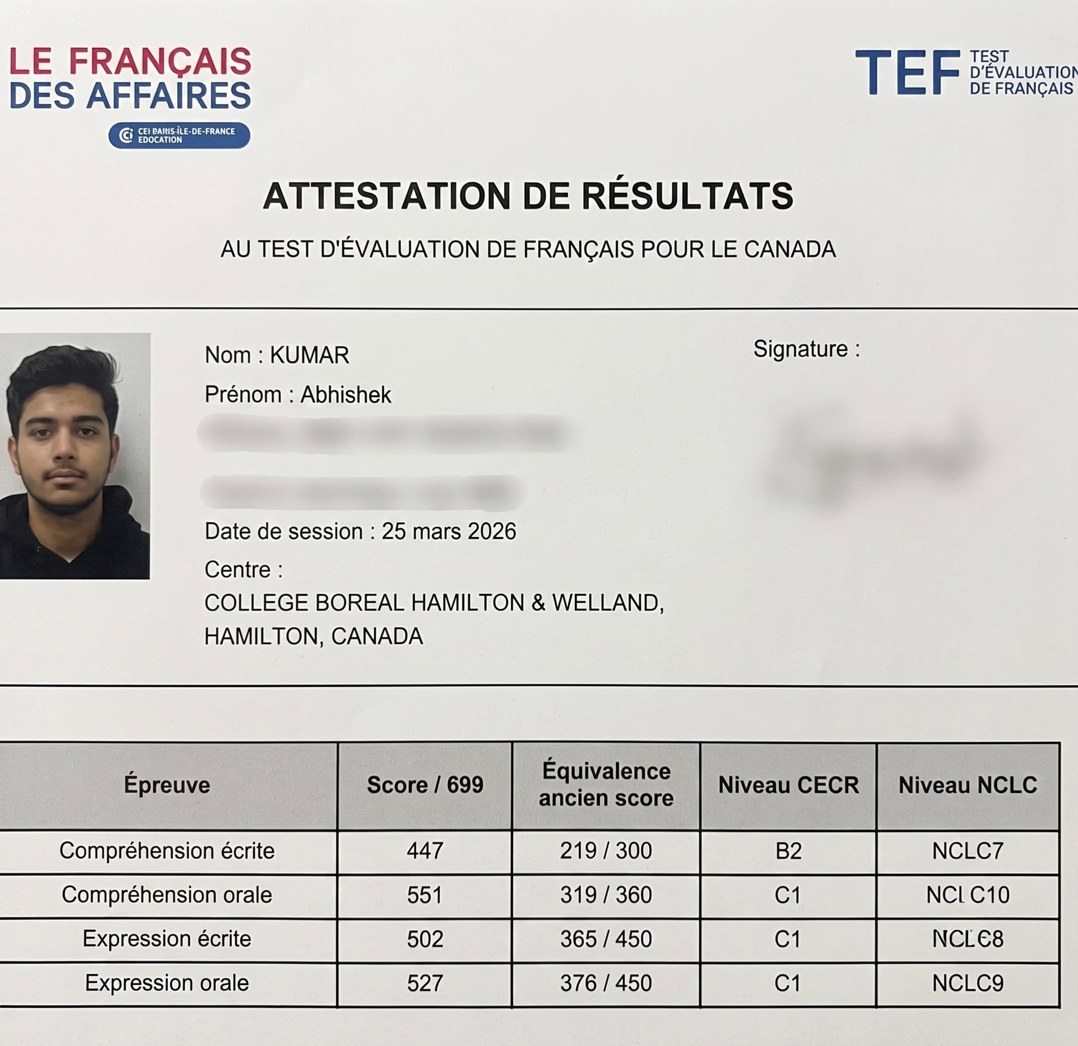 TEF Canada attestation — Verified Result