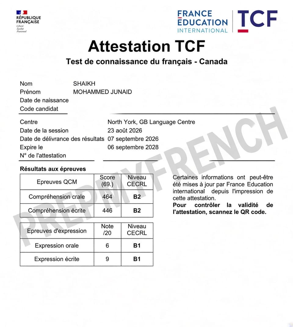 Student TEF/TCF Result Certificate