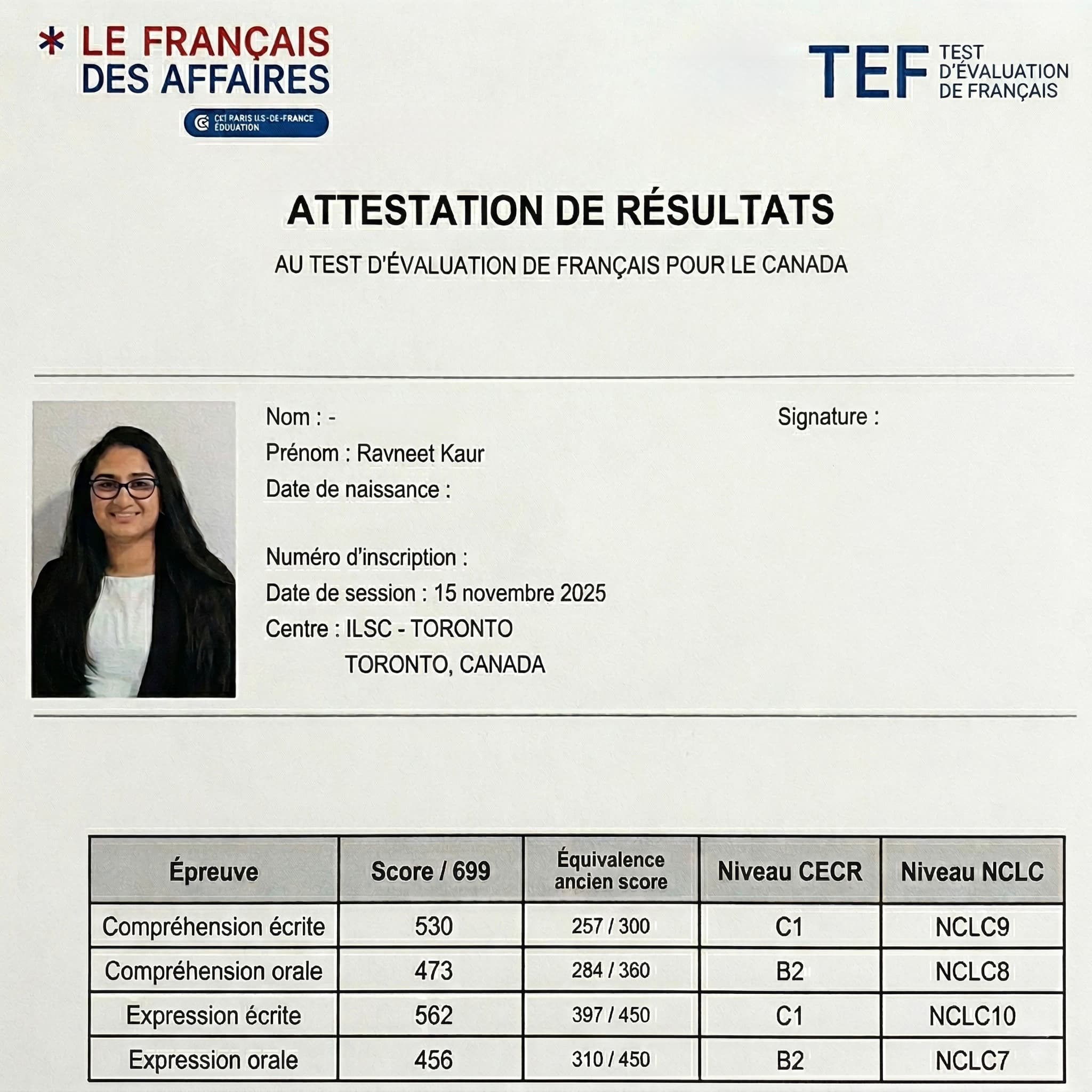 TEF Canada attestation — Ravneet Kaur