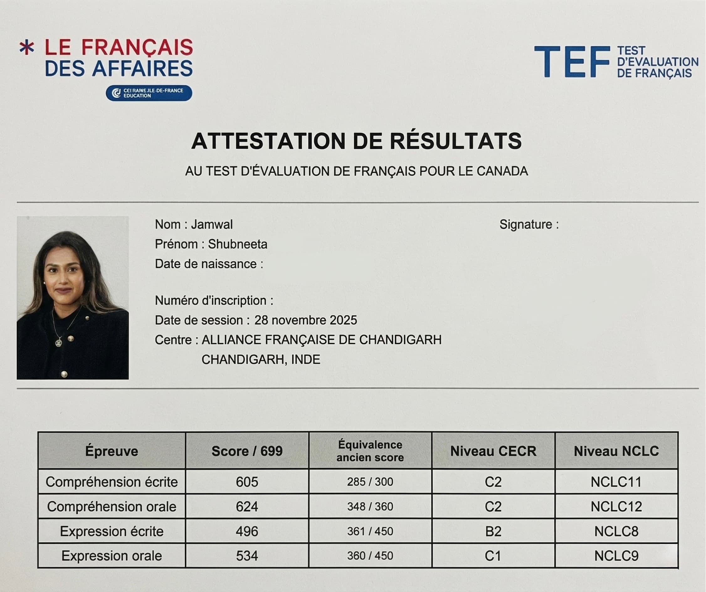 TEF Canada attestation — Shubneeta