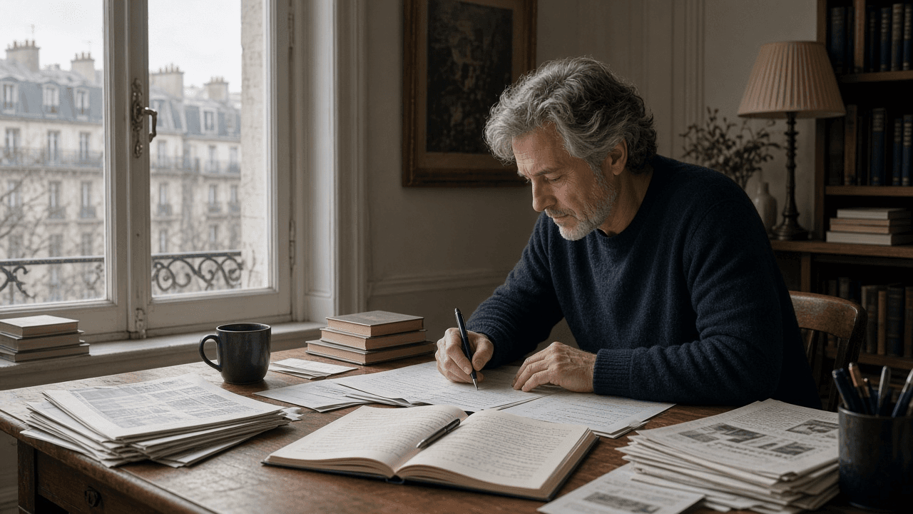 Advanced French learner preparing DALF C1 documents at a study desk