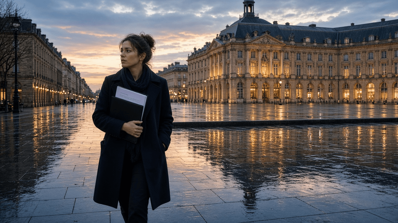 Adult learner walking through Bordeaux with a DELF exam folder