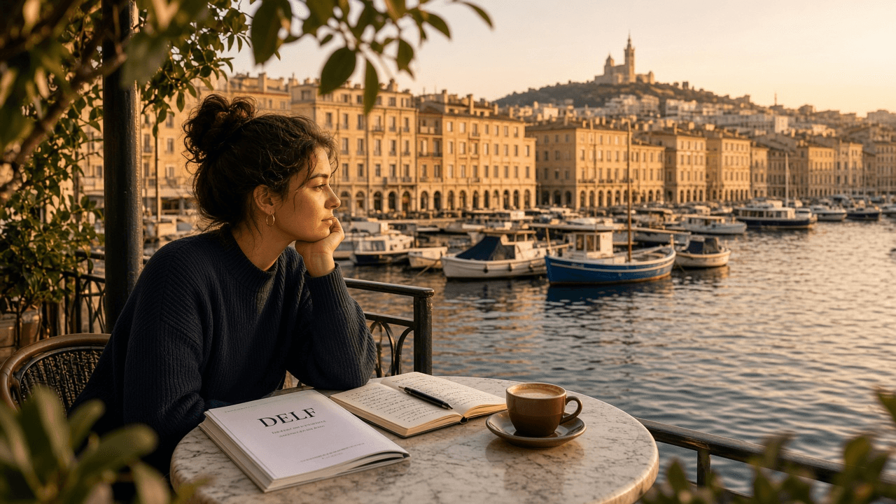 French learner studying for the DELF exam at a Marseille waterfront cafe