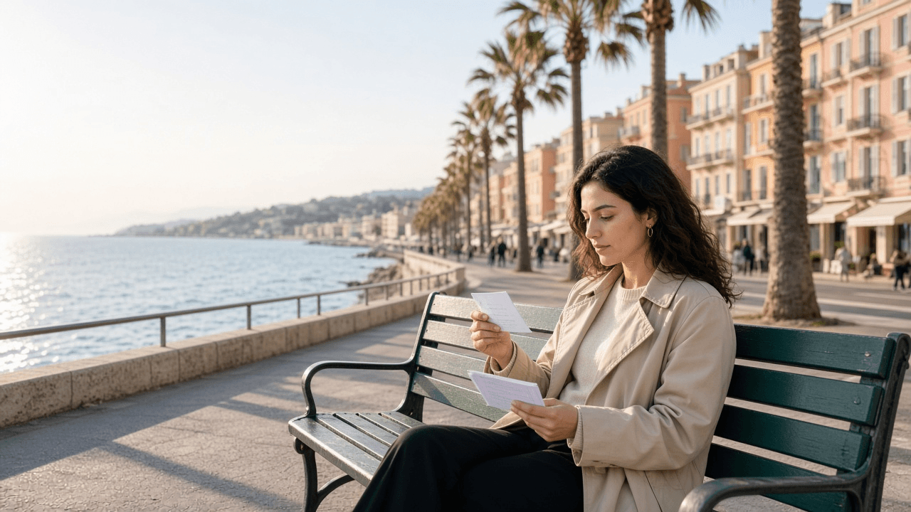 French learner reviewing DELF flashcards on the Nice seaside promenade