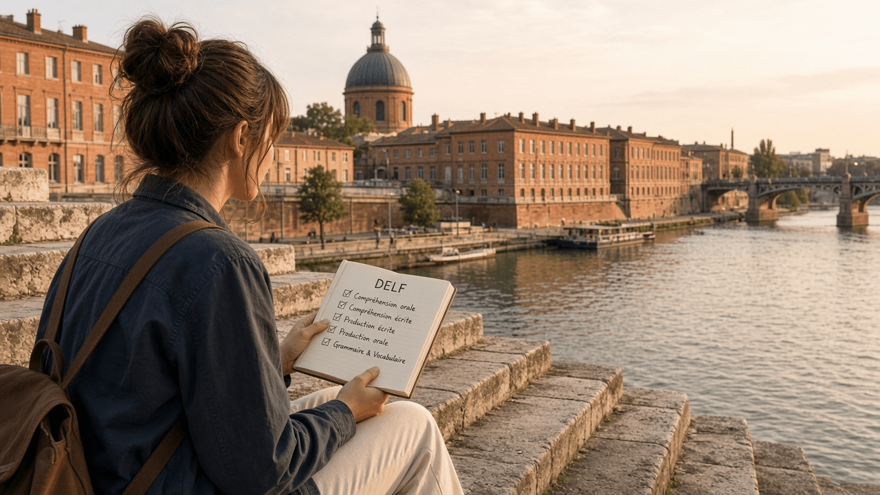 Student reviewing a DELF checklist on Toulouse riverside steps