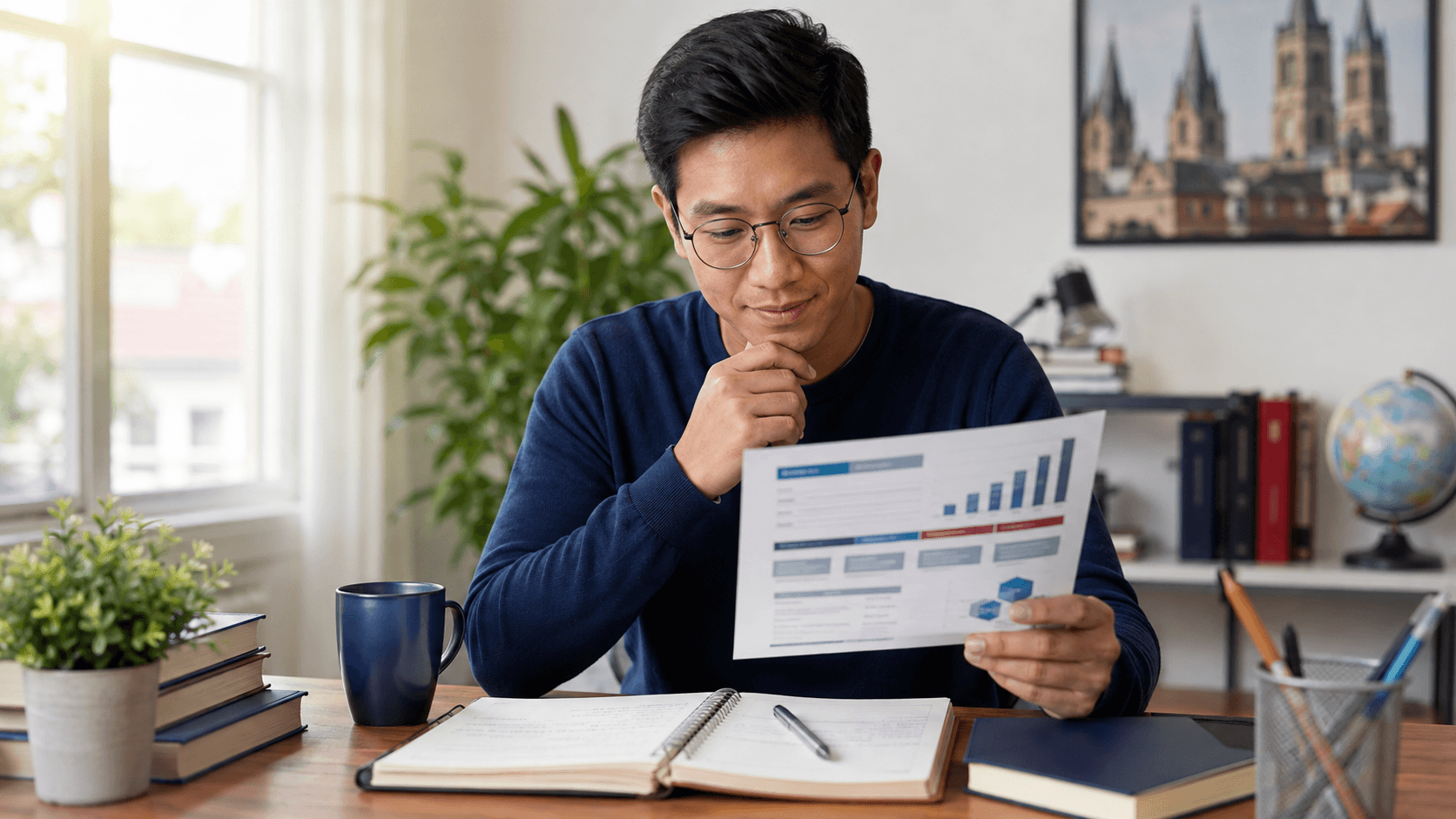 French learner reviewing a TEF Canada score report at a study desk